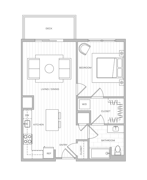 A floor plan of a house with a deck, living room, dining room, kitchen, and bathroom.